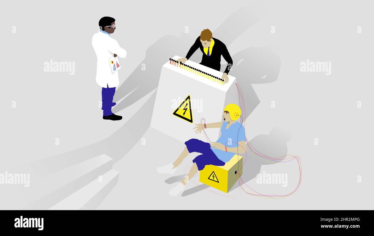 The Milgram shock experiment psychology studies. Conflict between obedience to authority and personal conscience. Stock Photo