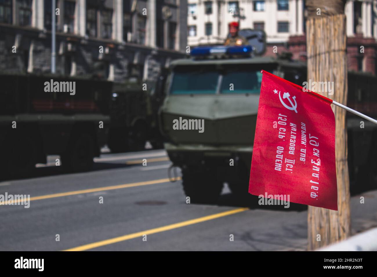 Moscow, 2017. A children shakes his soviet era flag during the Victory Day parade Stock Photo