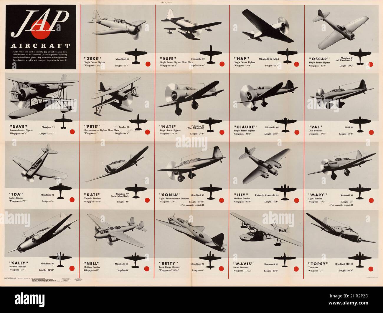 WW2 Japanese Aircraft Poster Chart Newsmap Vol 2 No 17 1943-08-16. Stock Photo