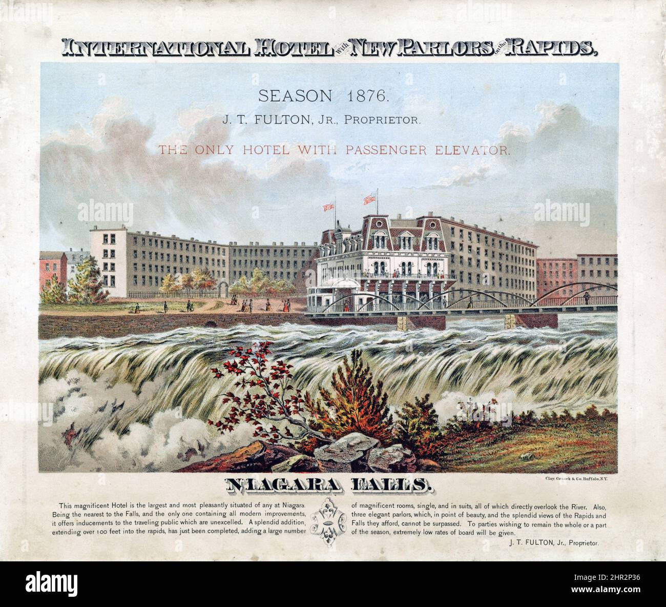 International Hotel with new parlors on the rapids - season 1876 - J.T. Fulton, Jr Proprietor - the only hotel with passenger elevator - Niagara Falls Stock Photo
