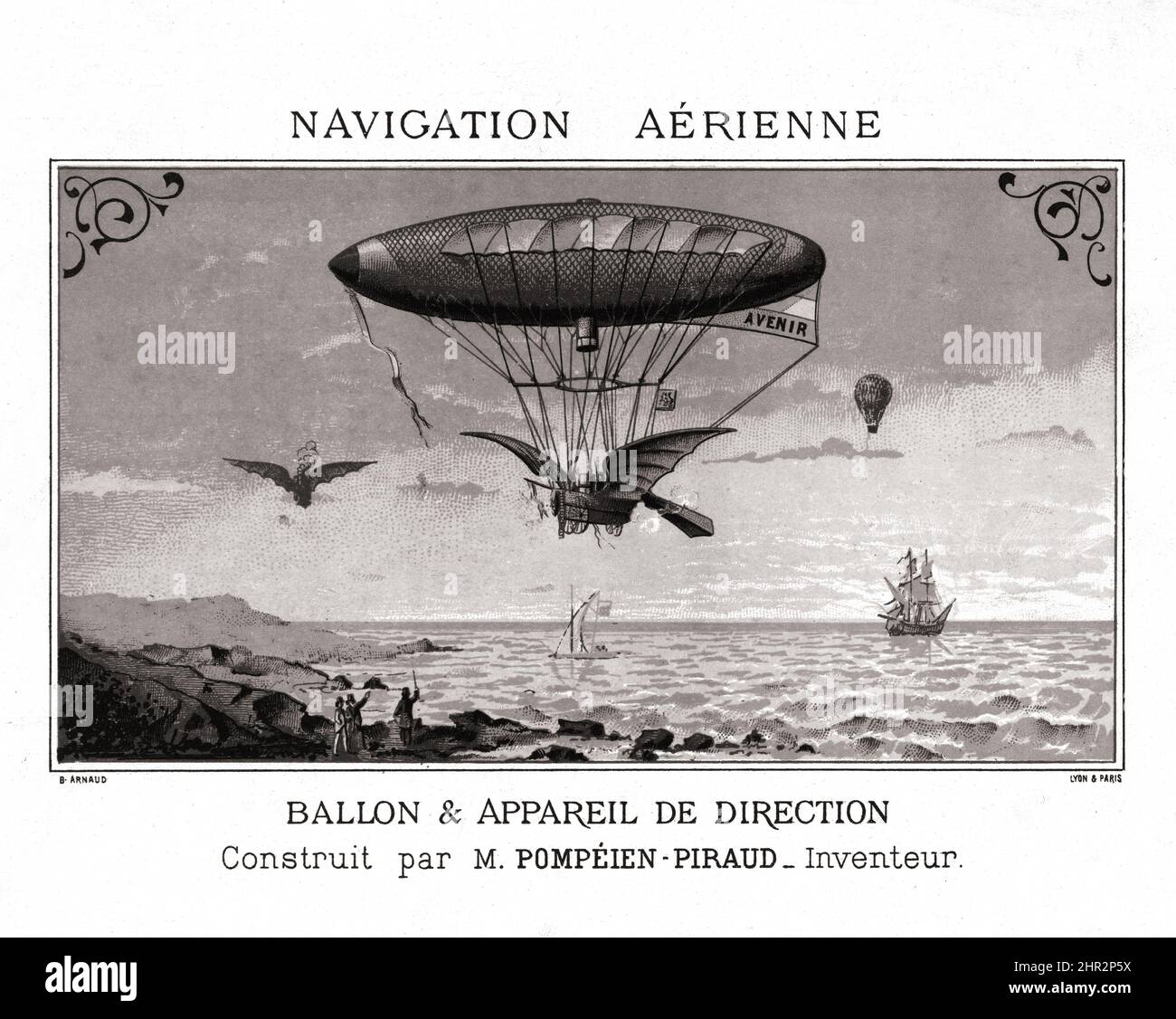 Navigation aérienne. Ballon & appareil de direction construit par M. Pompéien-Piraud, inventeur. Created / Published in Lyon, Paris by B. Arnaud. 1883 Stock Photo