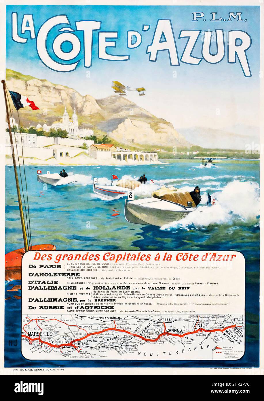 LA COTE D'AZUR by H. J. lithograph in colours, 1912, printed by Maulde, Doumenc et Cie, Paris - vintage advertisement poster. PLM. Stock Photo