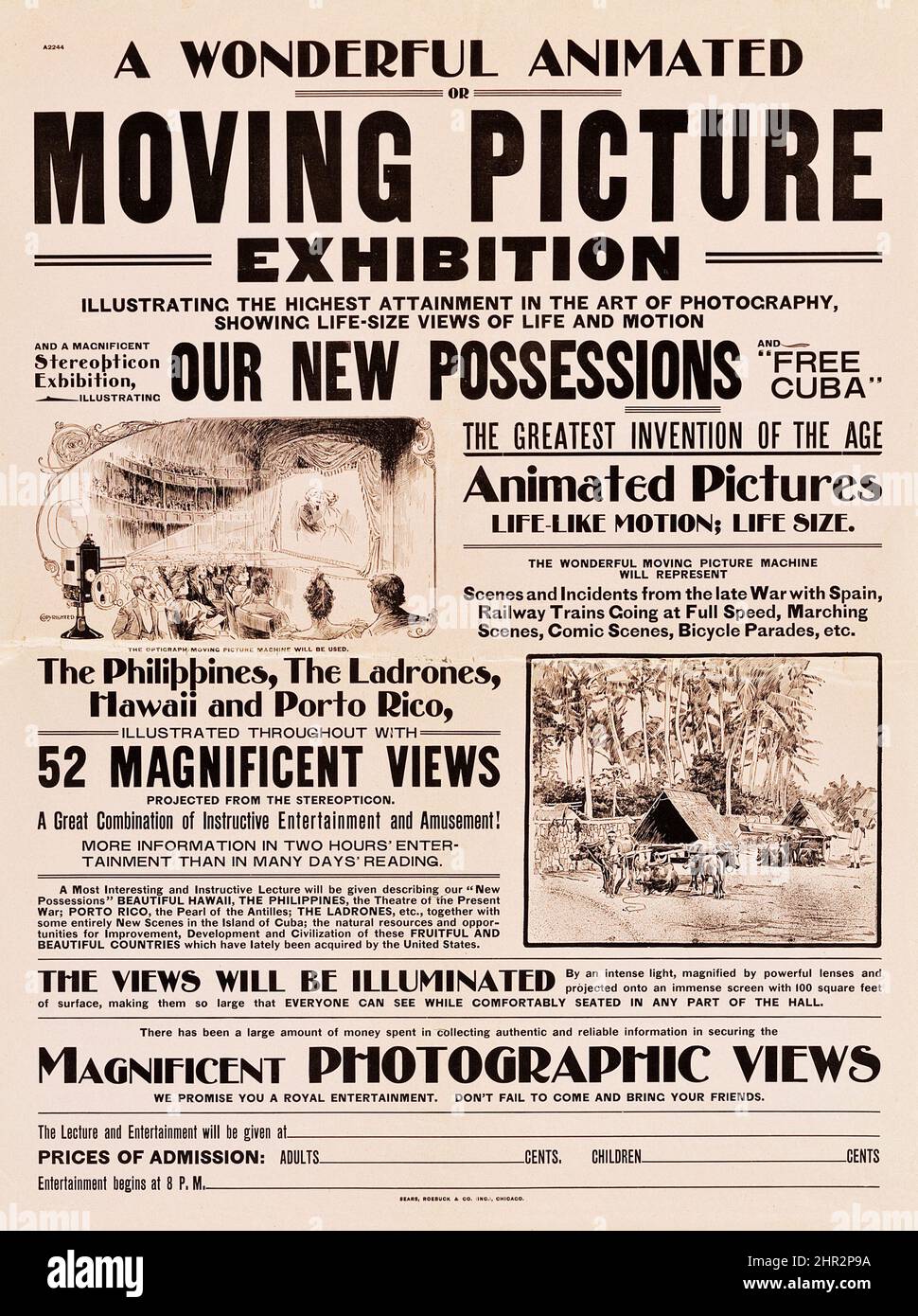 Sears Roebuck Film Exhibition Poster (Circa 1900-1908) Moving Picture Exhibition. Stock Photo
