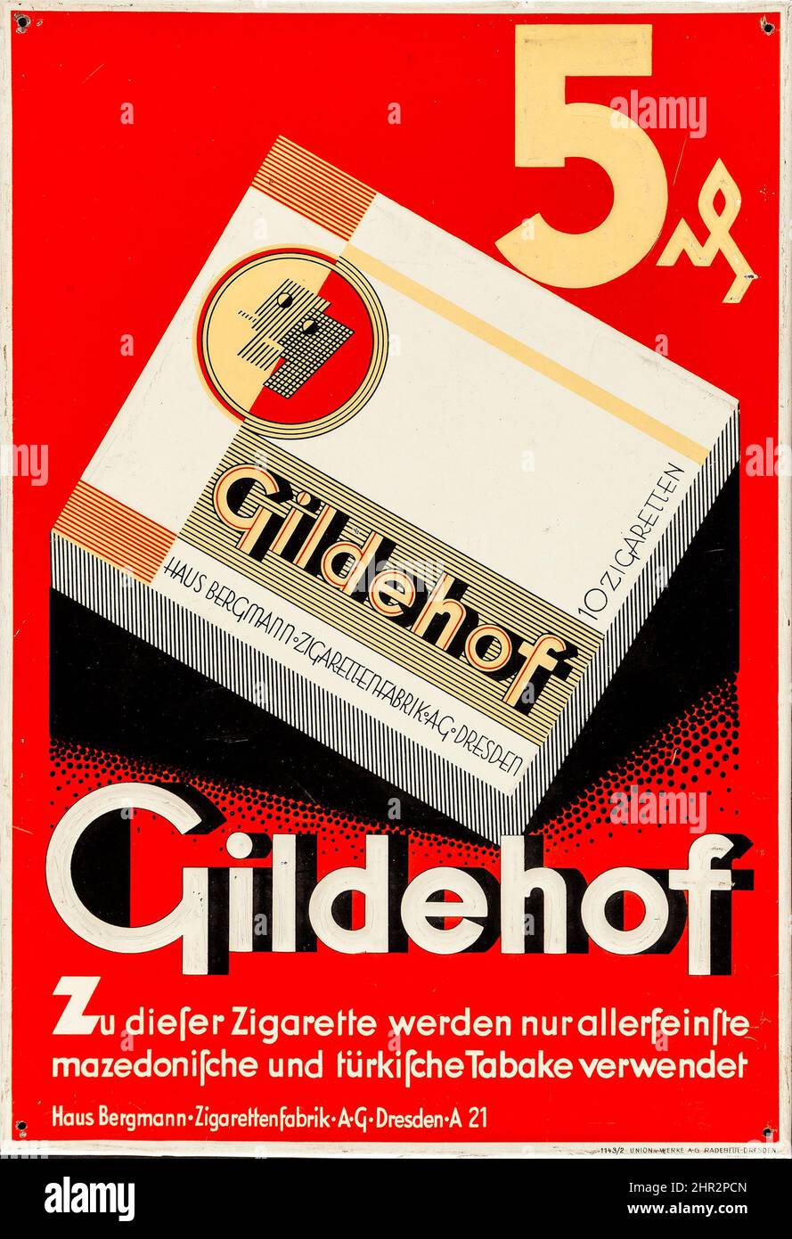 Gildehof Cigarettes (c. 1930s). Metal German Advertising Sign Stock Photo