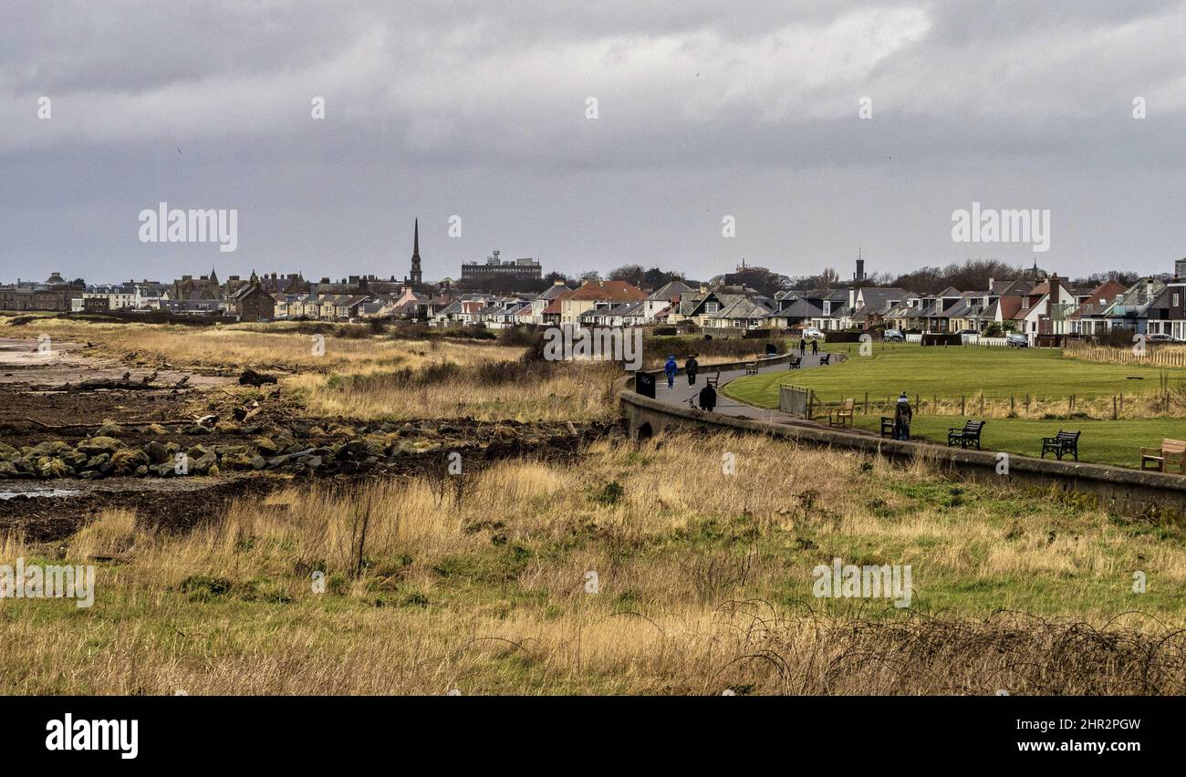 Looking towards Ayr from the coastal path at Doonfoot Ayr on a winters day. Stock Photo