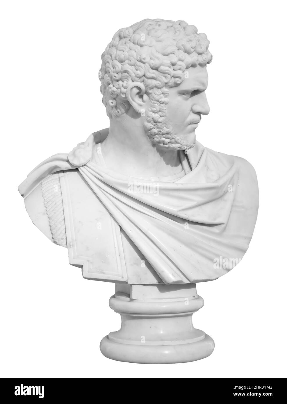 Ancient white marble sculpture bust of Caracalla. Marcus Aurelius Severus Antoninus Augustus known as Antoninus. Roman emperor. Isolated on a white Stock Photo