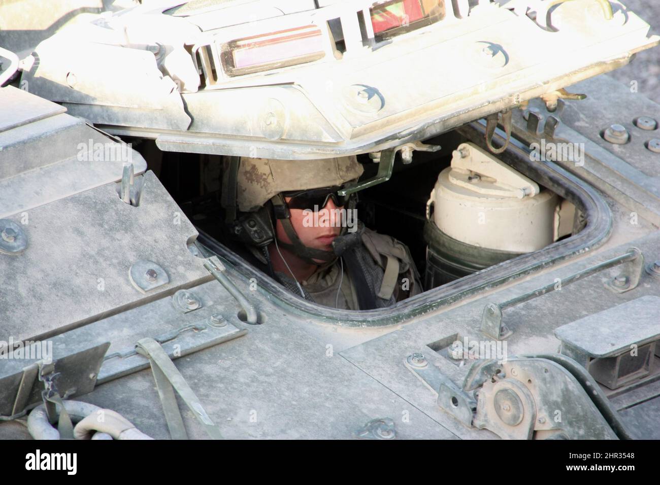 Cpl Mark Evers is seen in the driverÂ’s seat of a LAV at the Panjwaii District Centre just outside the Afghan town of Bazar-e Panjwaii on Monday, April 18, 2011. (AP Photo/The Canadian Press, Colin Perkel) Stock Photo