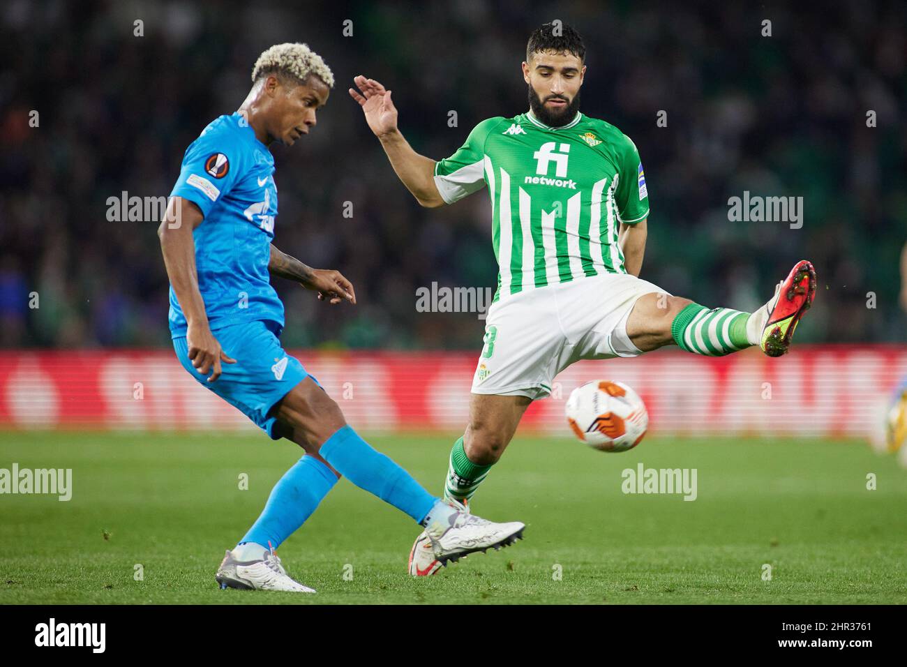 Wilmar Barrios of Zenit and Nabil Fekir of Real Betis during the UEFA Europa League, Play-off, 2nd leg football match between Real Betis and Zenit on February 24, 2022 at Ramon Sanchez-Pizjuan stadium in Sevilla, Spain - Photo: Joaquin Corchero/DPPI/LiveMedia Stock Photo