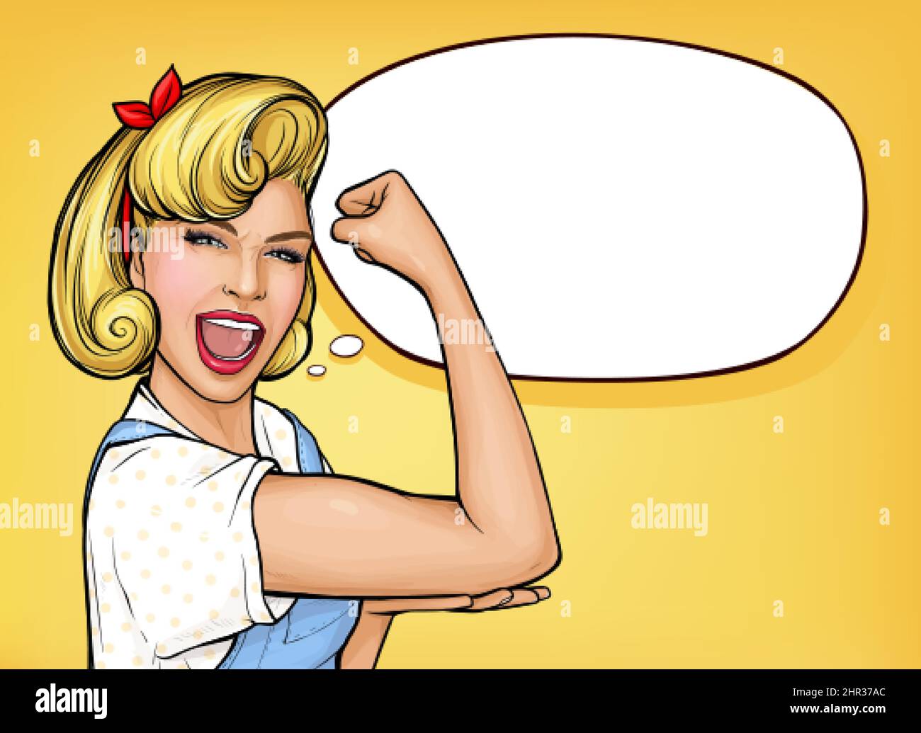 Pop art confident woman screaming and demonstrating strength by roll up her sleeve and clenched fist. Blonde girl showing symbol of female power, women rights, feminism protest. We can do it poster. Stock Vector