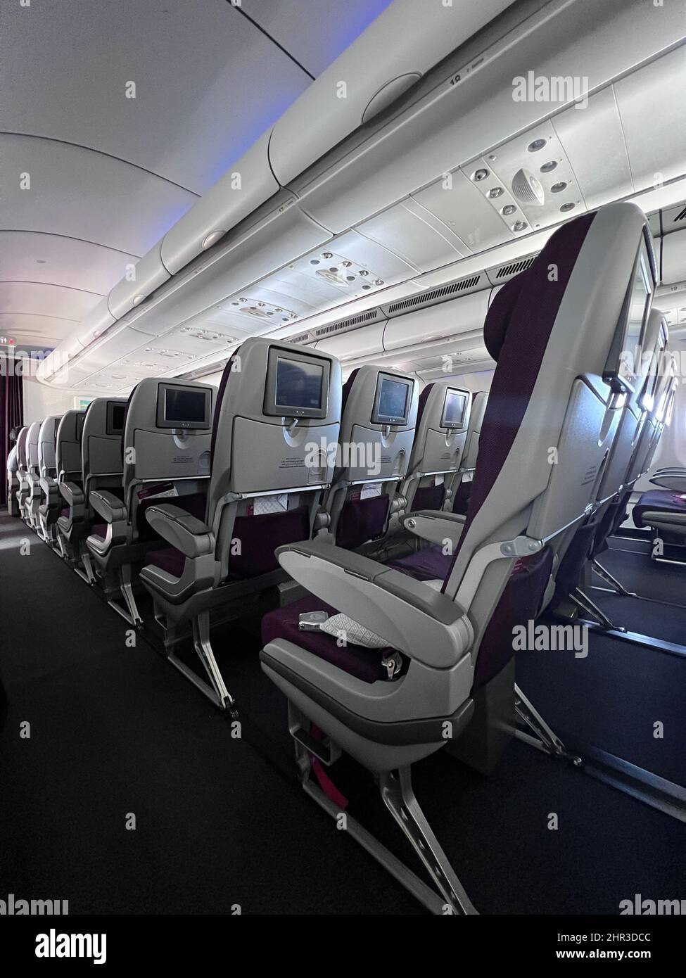 Rows of open seats on Qatar Air flight Stock Photo