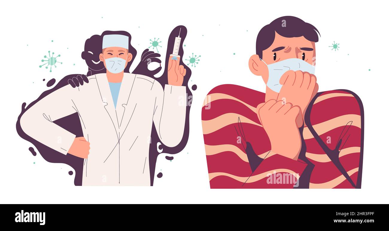 Patient is afraid of vaccination, the doctor seems dangerous to him. Stock Vector