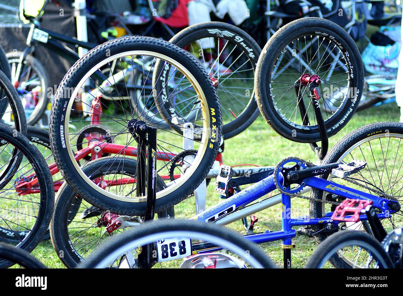 Upside down bicycles with wheels in the air Stock Photo Alamy