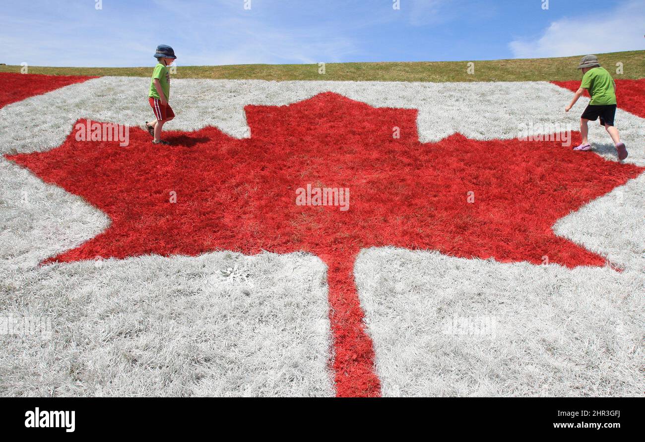 Andrew Fitton (right) and his brother Gordon investigate a giant Canada Flag painted on a hillside at the South London Community Centre for a Canada Day celebration being held July 1st, in London, Ontario, Thursday, June 30, 2011. THE CANADIAN PRESS/Dave Chidley Stock Photo
