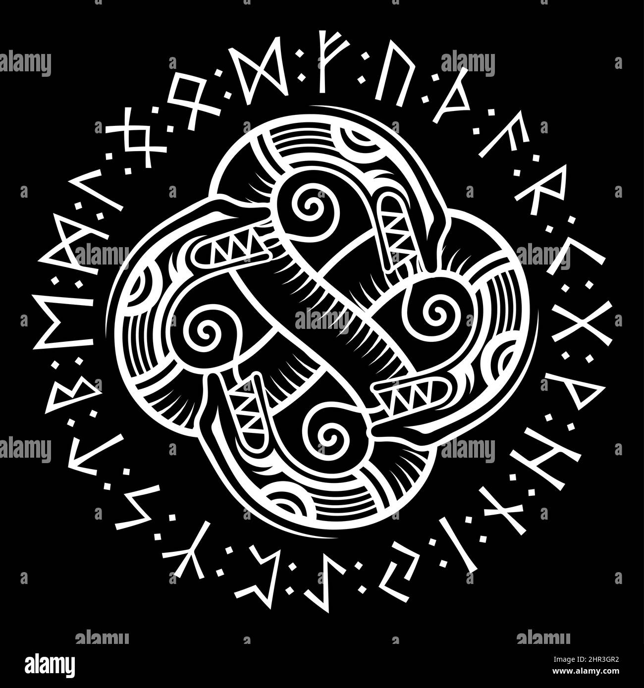 Old Norse design. Dragon in a circle of ancient Scandinavian runes ...