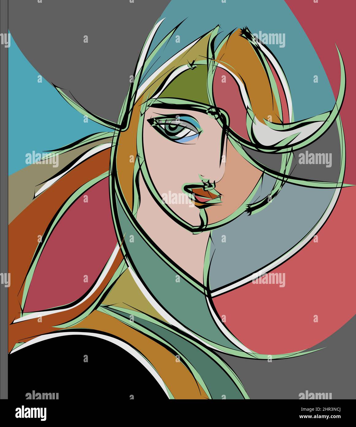 Colorful abstract background, cubism art style, woman look down Stock ...