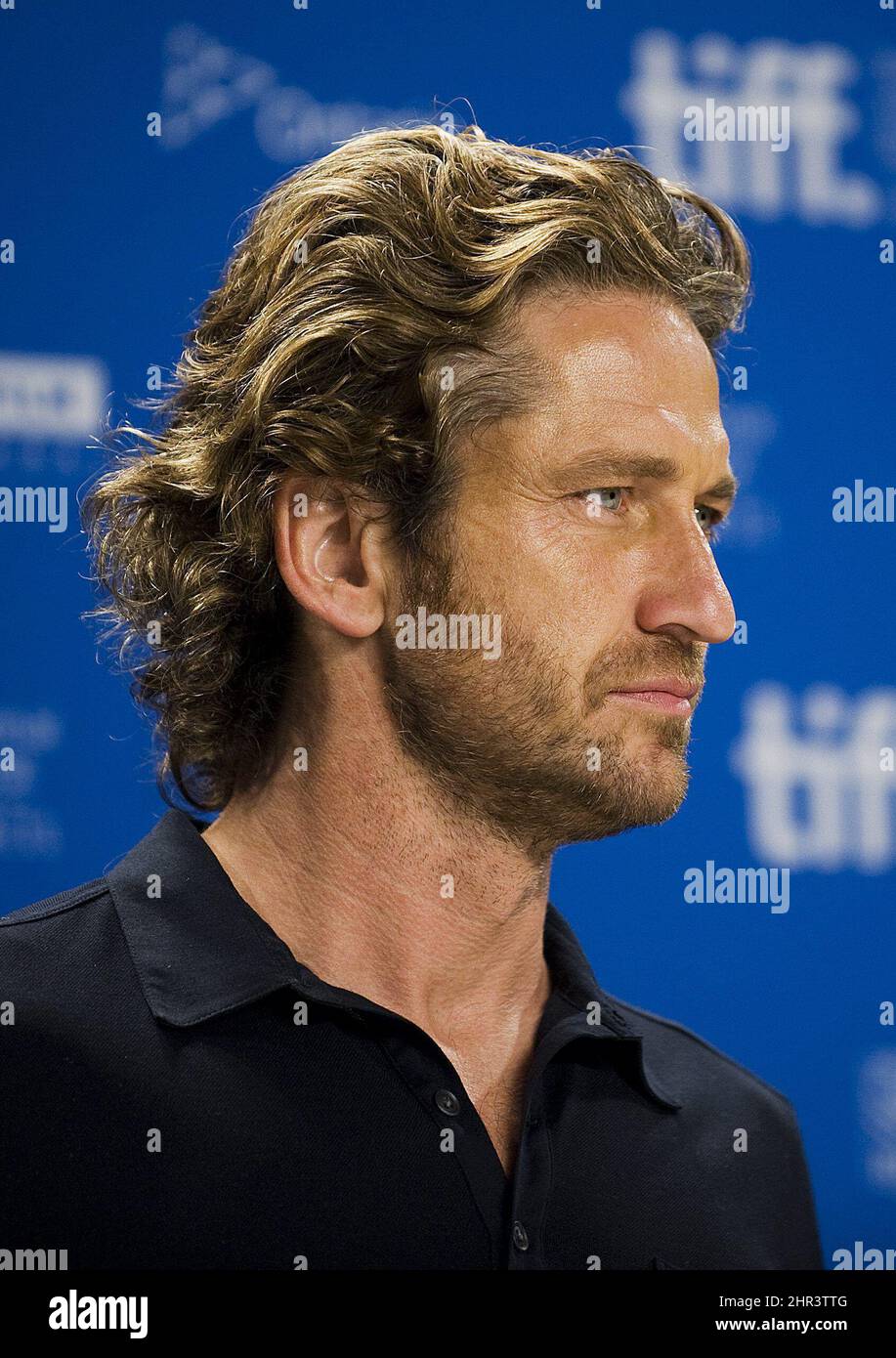 Actor Gerard Butler is seen at a press conference promoting his new
