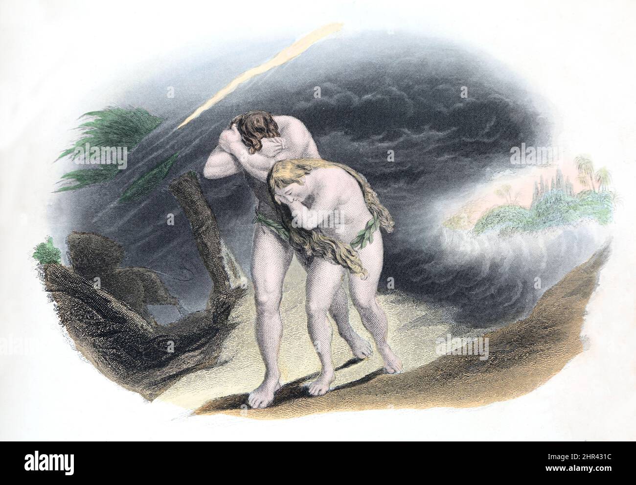 Bible Story, Illustration The Expulsion of Adam and Eve from the Garden of Eden Engraved by John Le Conte  Painted by David Scott RSA Stock Photo