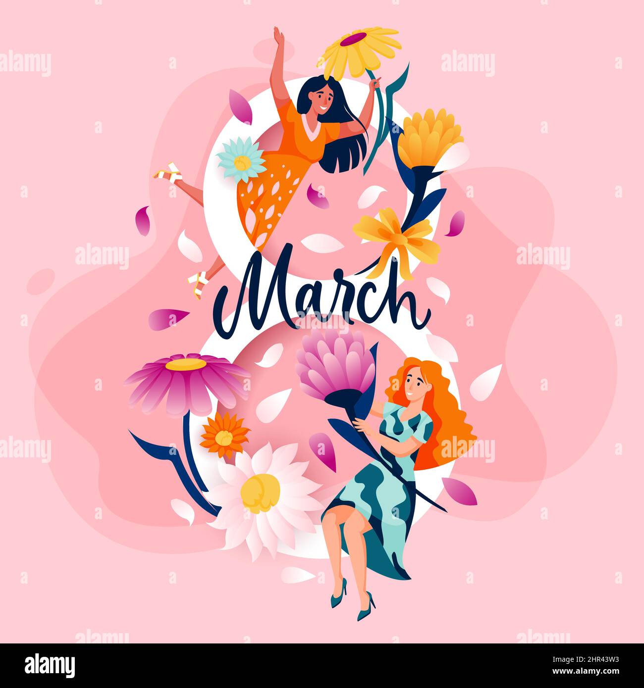 March 8 international womens day. Vector flat cartoon holiday illustration. Number eight and girls with spring flowers. Invitation, banner, greeting c Stock Vector