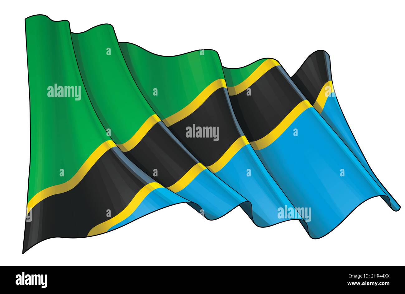Vector illustration of a Waving Flag of Tanzania. All elements neatly on well-defined layers and groups. Stock Vector