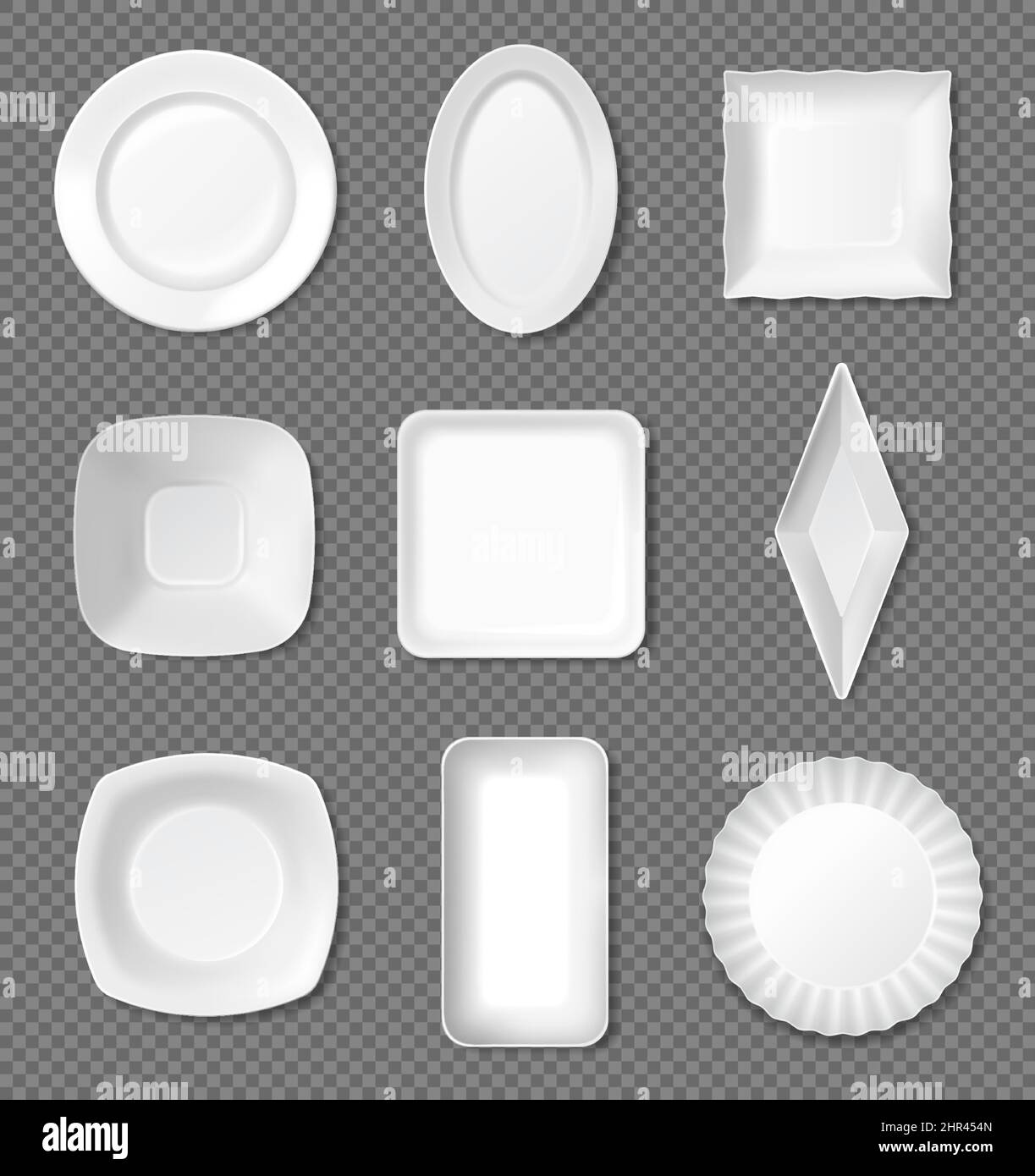 Realistic white plates, porcelain dishes, top view kitchen tableware