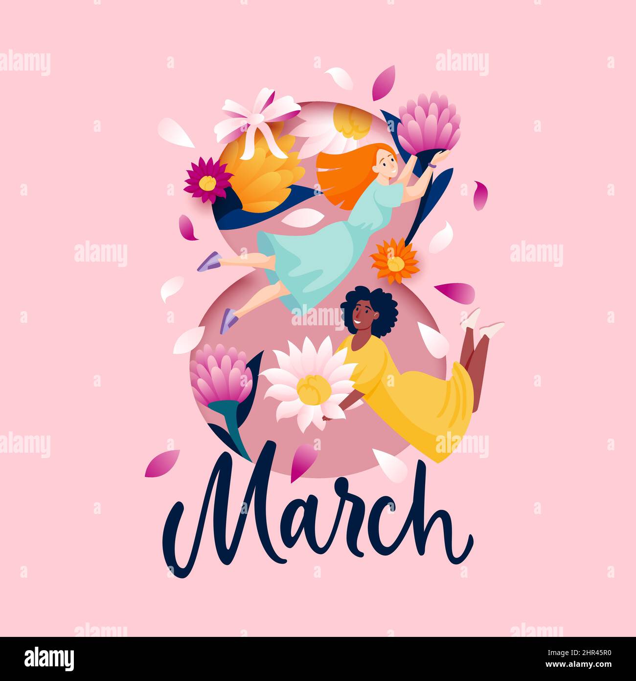 Invitation or greeting card for March 8 international womens day. Vector flat cartoon holiday illustration. Number eight and flying girls with spring Stock Vector