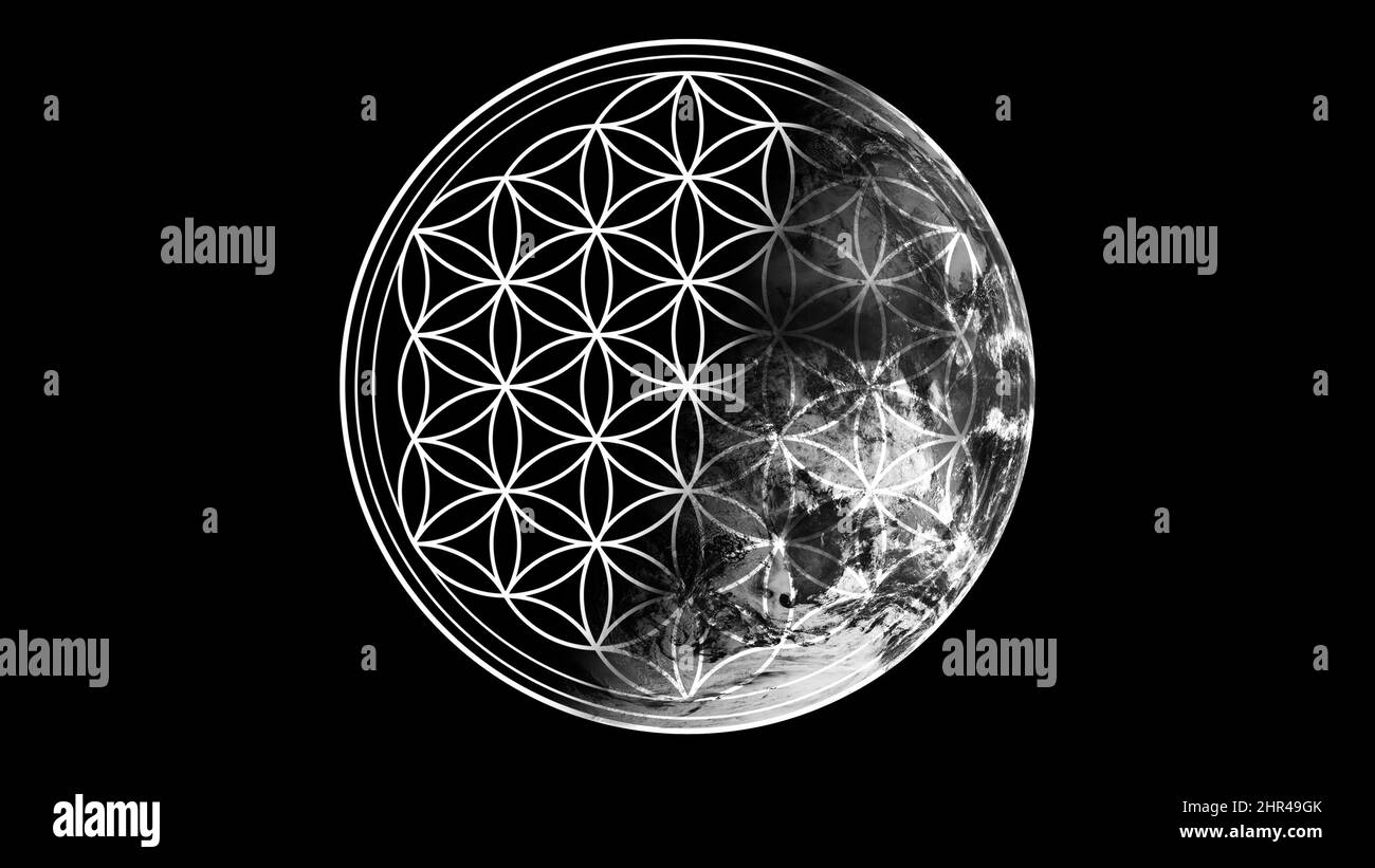 Flower of life symbol on black and white earth photo, sacred ancient symbol  wallpaper, esoteric geometry. Elements of this image furnished by NASA  Stock Photo - Alamy