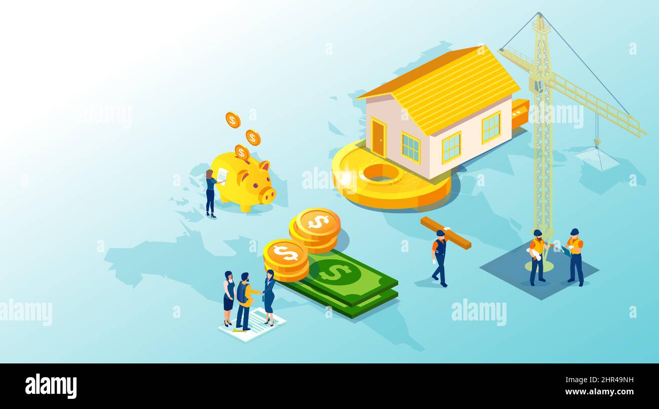 Isometric vector of a building process of a home from engineer planning, bank money borrowing  to presentation by a real estate agent to a young famil Stock Vector