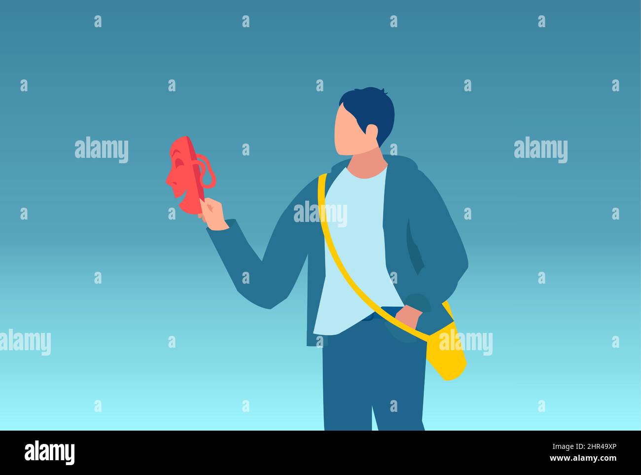 Vector of a young man a teenager holding smiling mask thinking about being or acting like another person. Stock Vector
