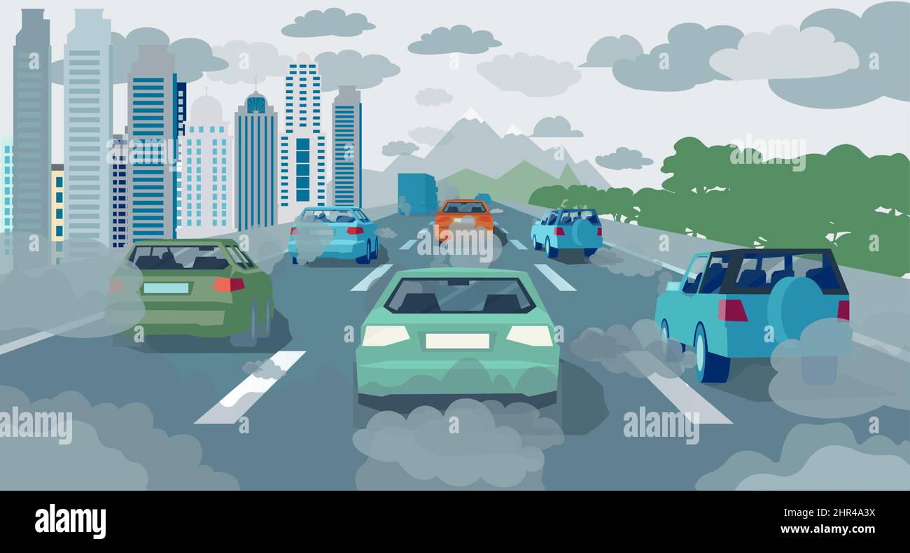 Heavy transport traffic and air pollution concept. Vector of cars on a highway with carbon dioxide clouds Stock Vector