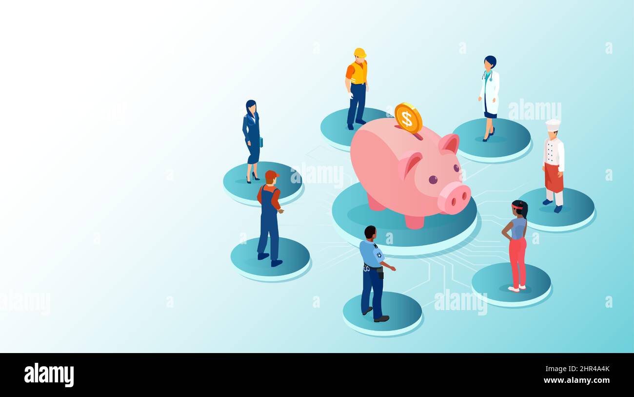 Vector of people of different occupations standing around a piggy bank Stock Vector