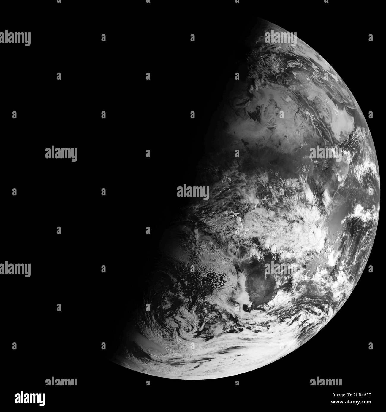 The Earth's solstice, winter solstice, half earth night time, black and white world photo, HD background. Elements of this image furnished by NASA. Stock Photo