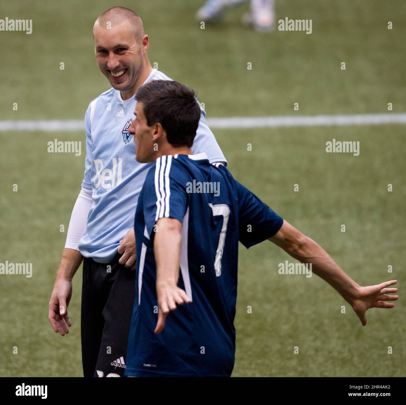 Vancouver Whitecaps' goalkeeper Brad Knighton, left, jokes with Sebastien Le Toux during a Major League Soccer training session in Vancouver, B.C., on Thursday March 8, 2012. The Whitecaps open the 2012 MLS season with a game against Montreal Saturday in Vancouver. THE CANADIAN PRESS/Darryl Dyck Stock Photo