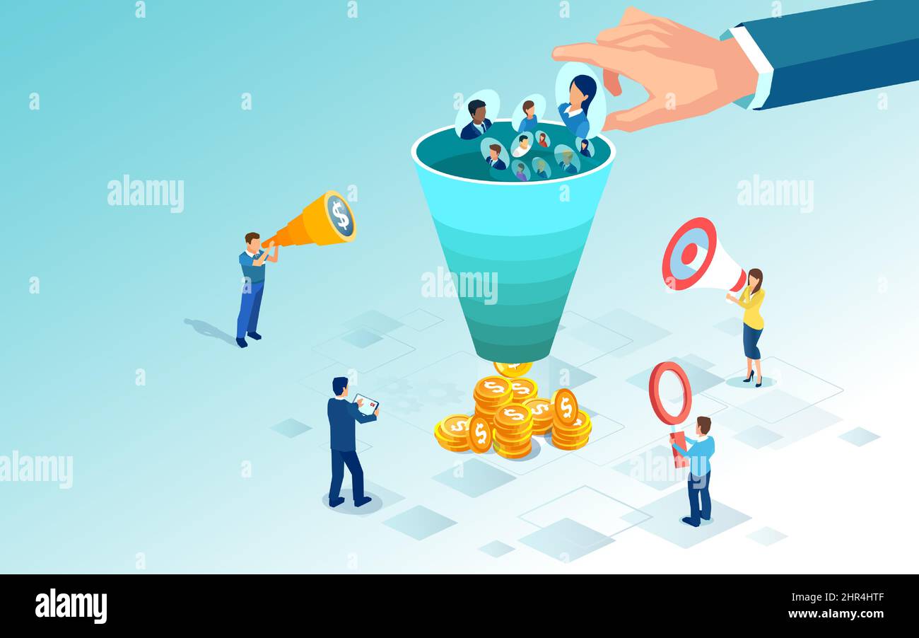 Vector of a business marketing team using sale funnel to monetize on customer data Stock Vector