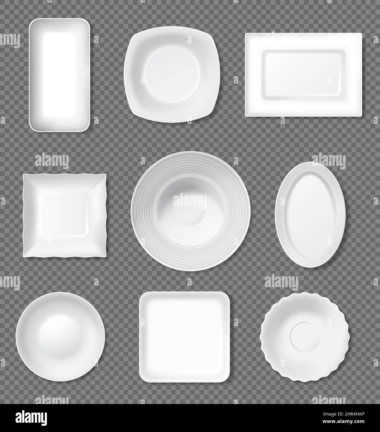 Realistic white plate, top view empty dishes, porcelain dinnerware