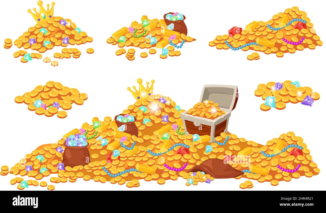 Cartoon treasure piles coins, jewels, gems and gold bars. Pirate ...