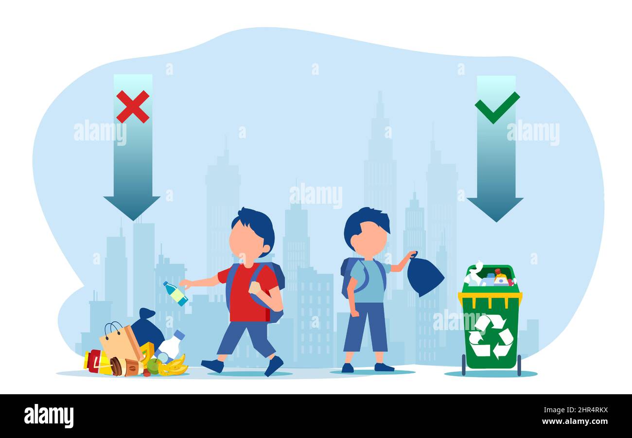 Vector of two kids boys giving correct and wrong examples of throwing out garbage Stock Vector