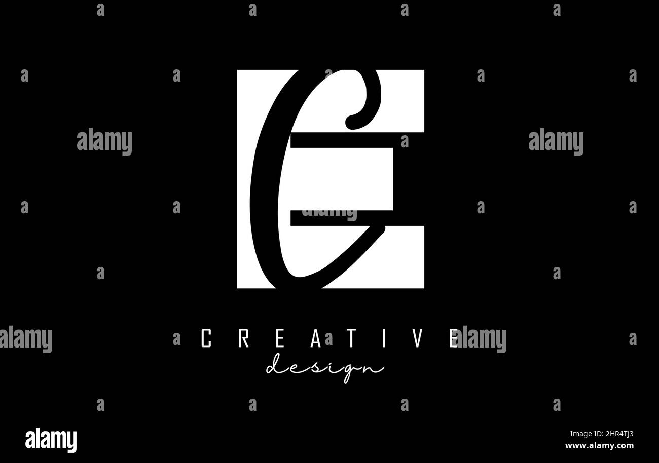 Black and white EC Letters logo with negative space. Letters E and C with geometric and handwritten typography. Creative Vector Illustration with lett Stock Vector