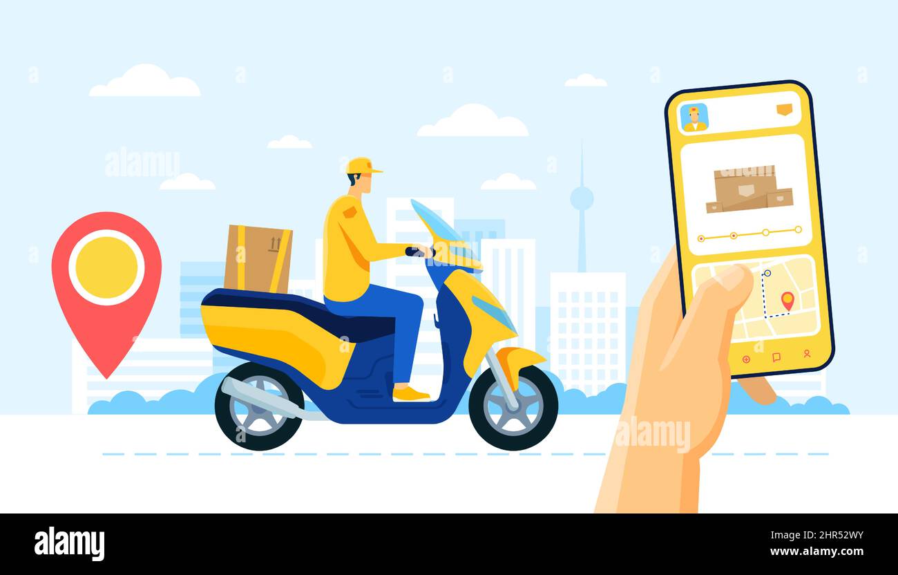 Online delivery service, tracking order app, courier delivering package. Delivery man riding scooter, food ordering services vector concept. Shipping Stock Vector