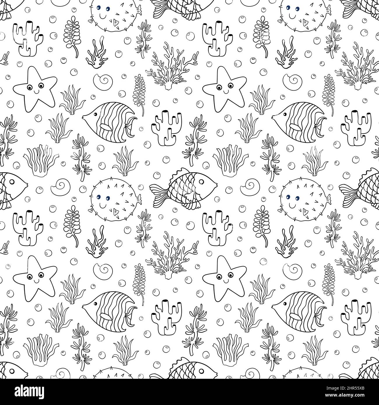 Seamless pattern coloring book ocean animal.Sea wildlife underwater