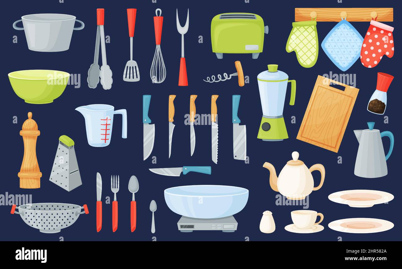 https://c8.alamy.com/comp/2HR582A/cartoon-kitchen-utensils-and-tools-cooking-equipment-kitchenware-cutlery-pot-saucepan-cup-bowl-cookware-elements-vector-set-illustration-of-k-2HR582A.jpg