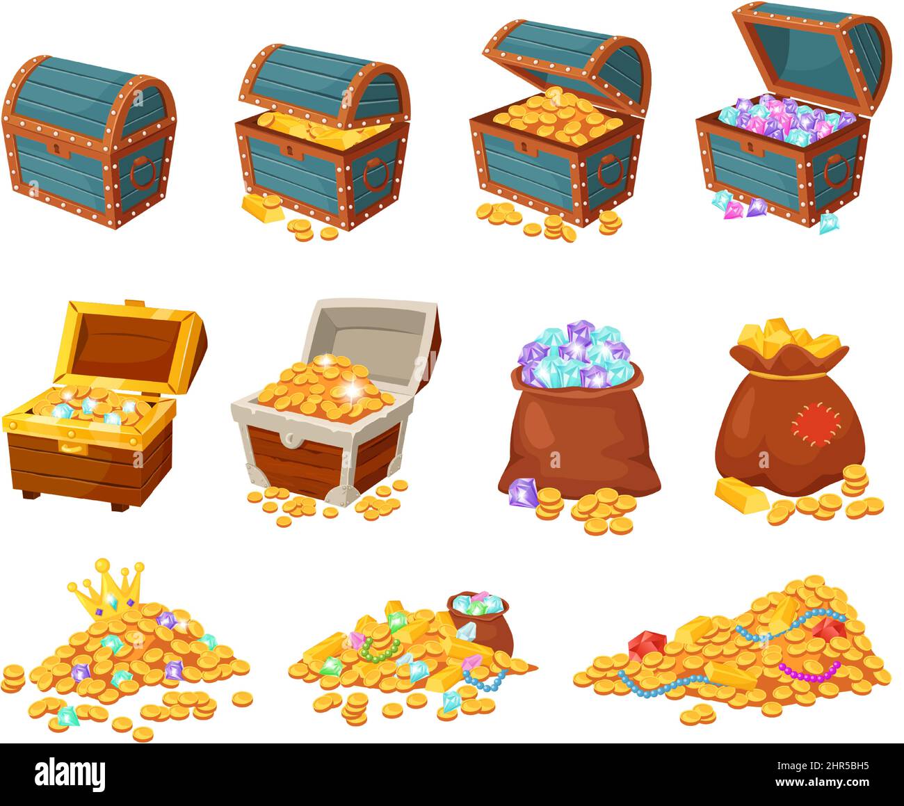 Cartoon treasure chests, piles of gold and jewels, pirate treasures. Bag with diamonds, open wooden chest with coins and gems vector set. Illustration Stock Vector