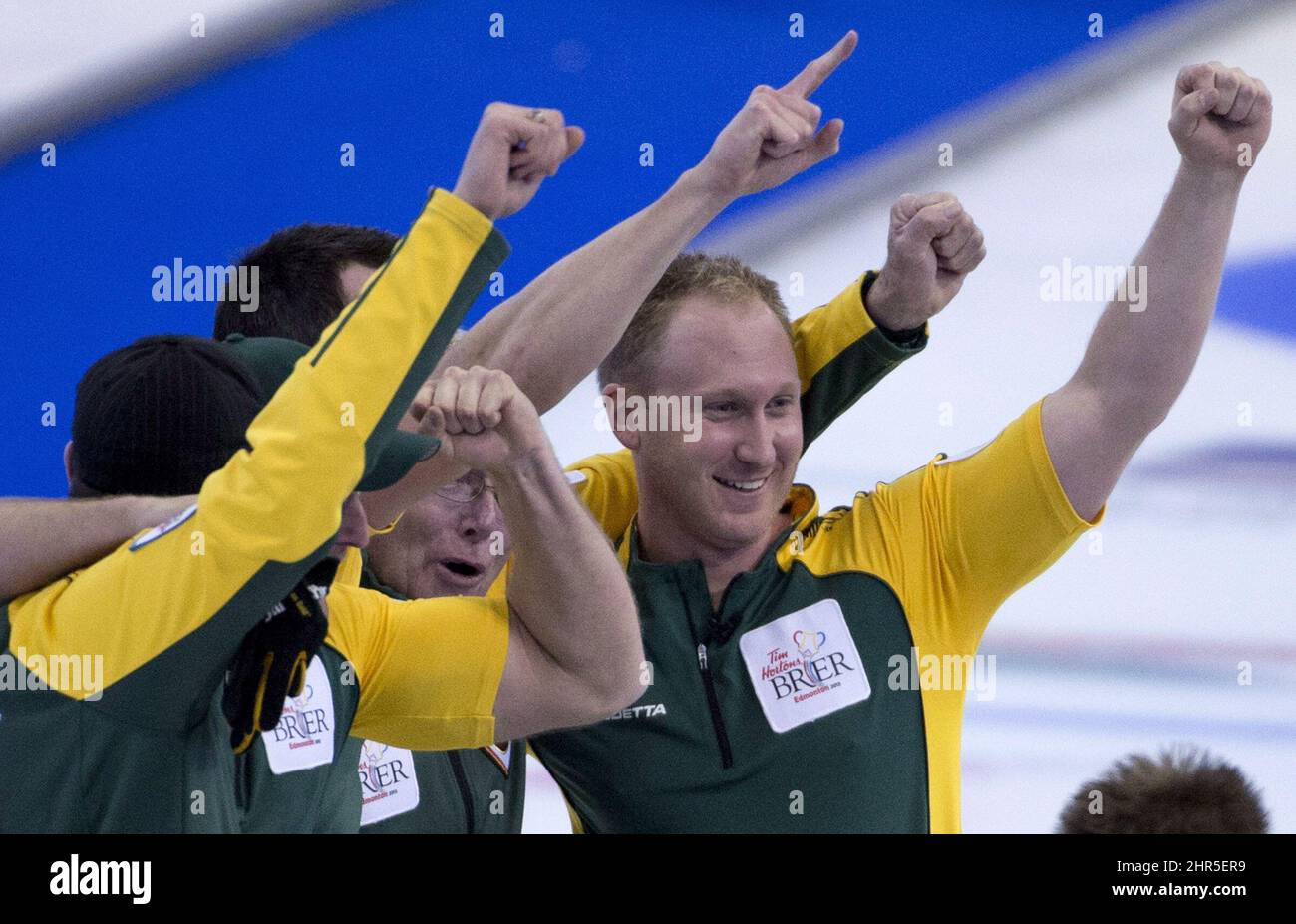 Northern Ontario skip Brad Jacobs celebrates his teams win over