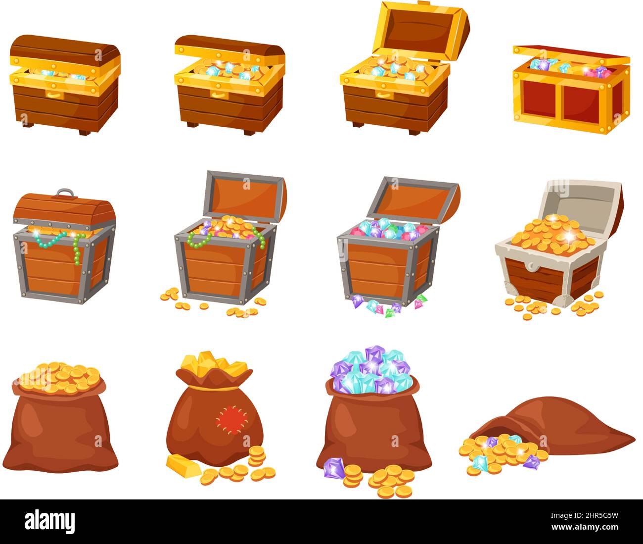 Cartoon pirate treasure chests, bags with gold and jewels. Open wooden chest with ancient treasures, bag with golden coins and gems vector set. Illust Stock Vector