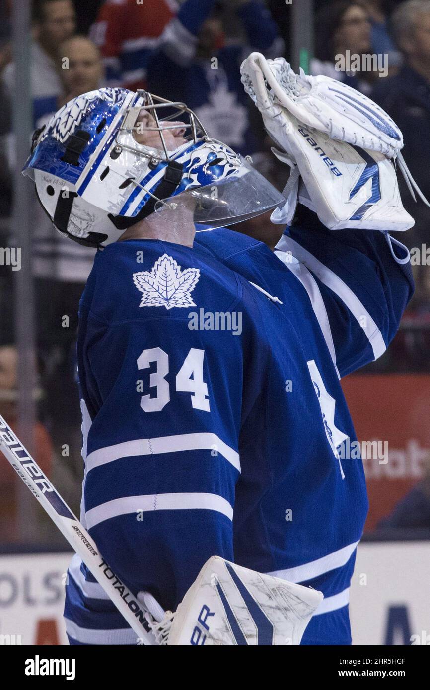 Toronto Maple Leafs goal tender James Reimer reacts at the final buzzer