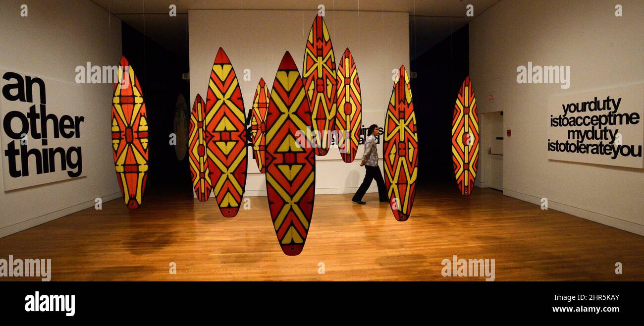 Artist Vernon Ah Kee's work cantchant is viewed during a media preview ...