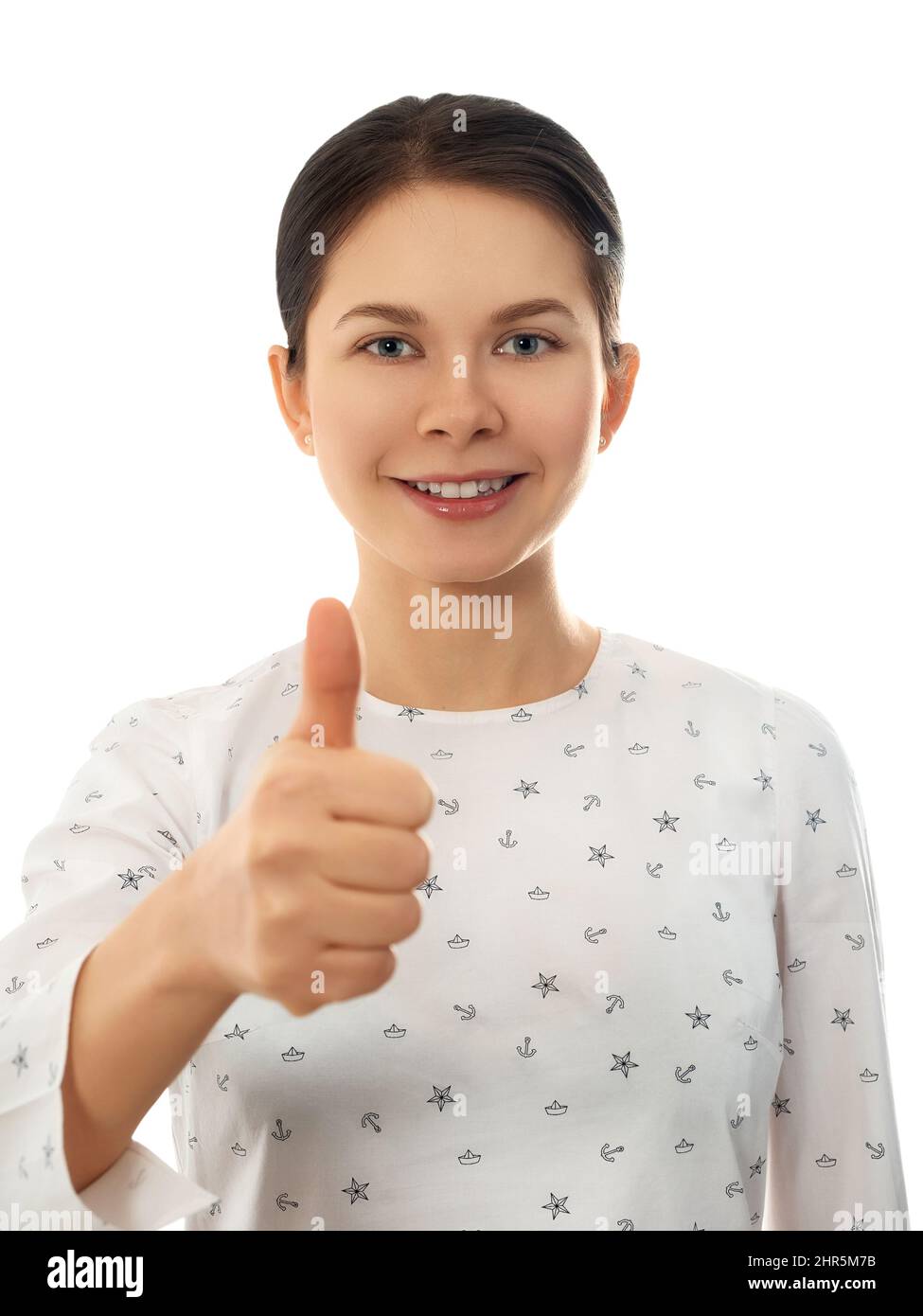 Woman showing thumb up sign isolated on white Stock Photo - Alamy
