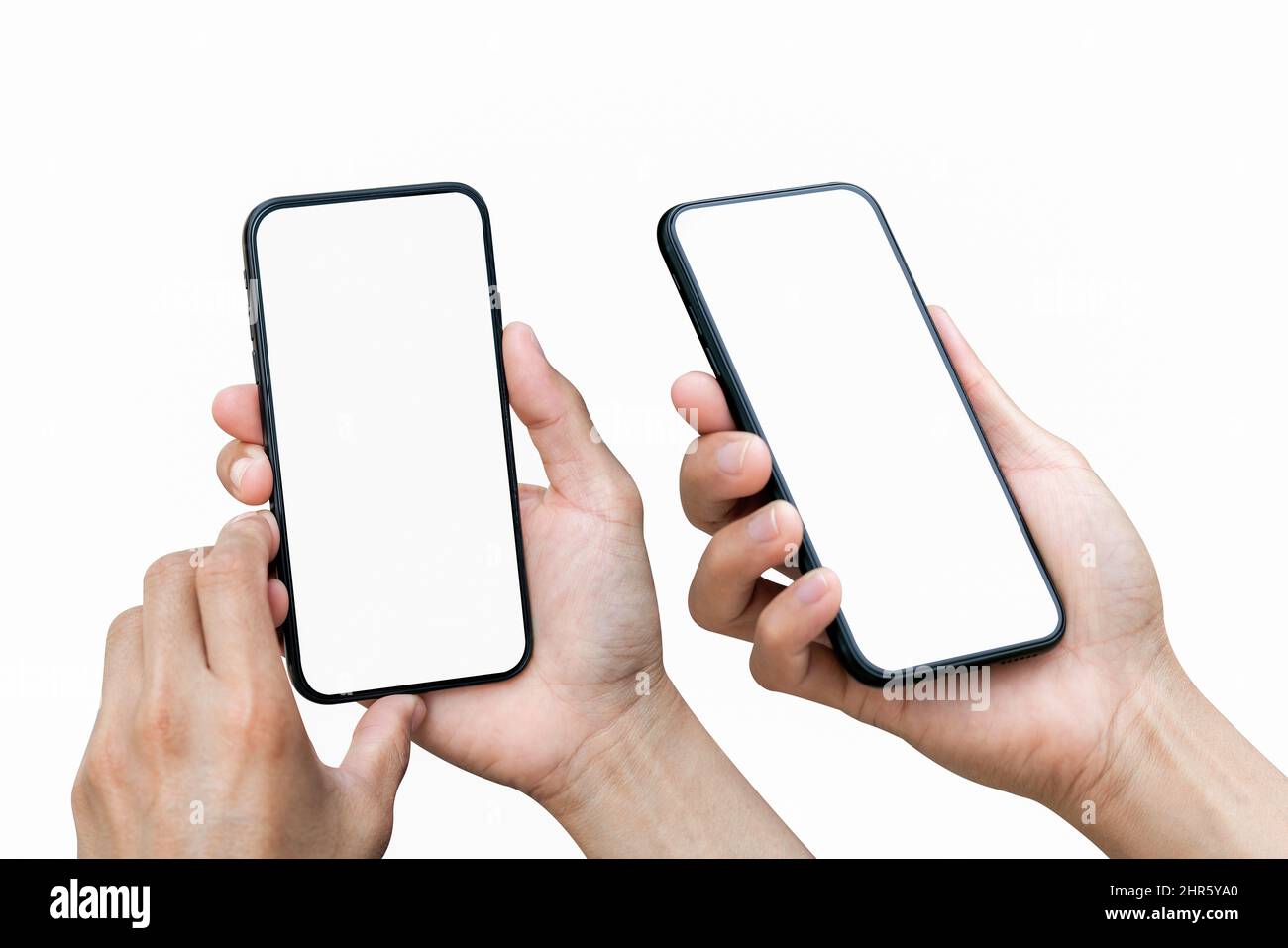 Male hand holding smartphone with blank screen isolated on white ...