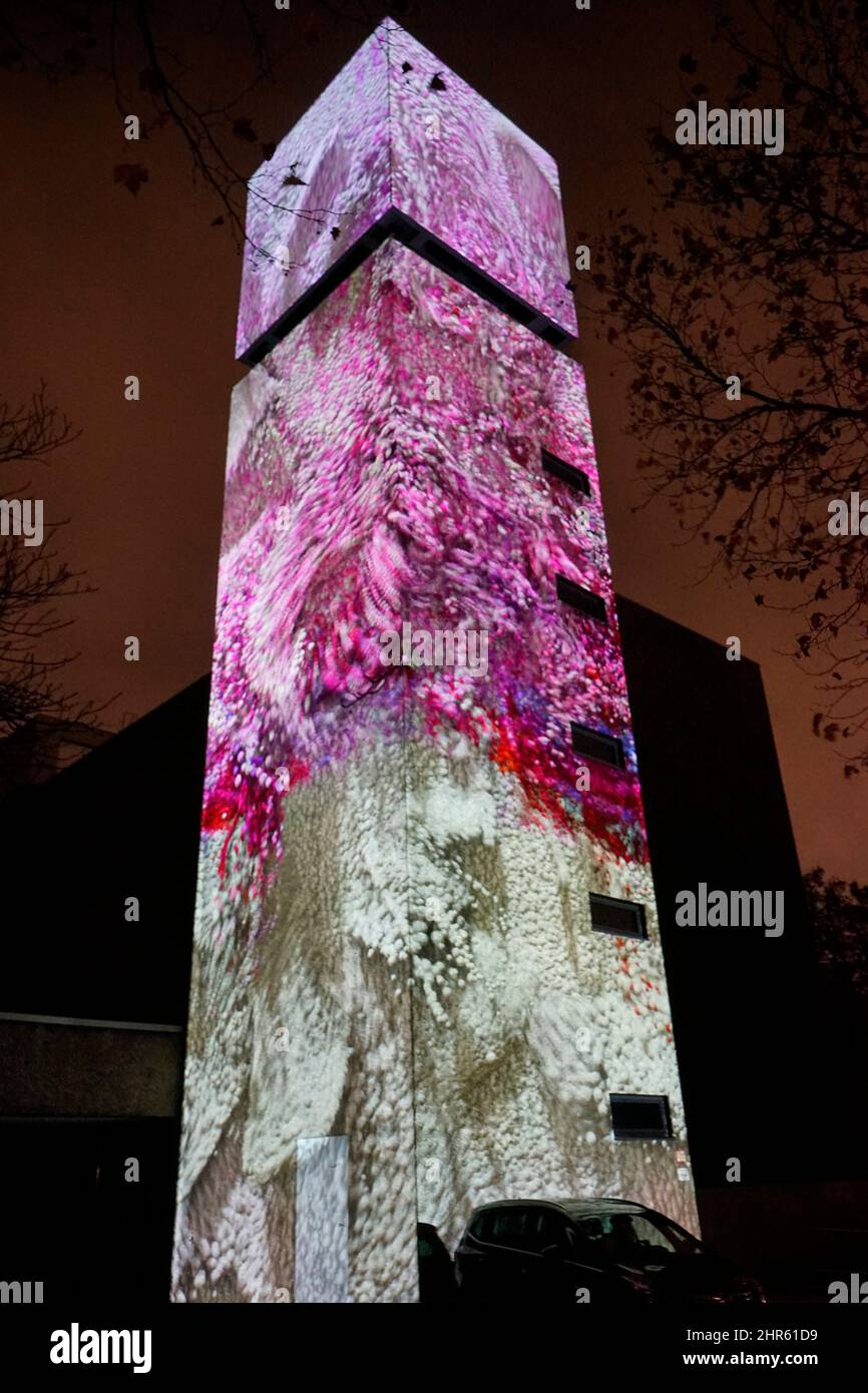 Impressionen - Lichtinstallation von Refik Anadol aus der Serie 'Machine Hallucinations' am Gebaeude der ehemaligen St. Agnes Kirche, Koenig Galerie, Stock Photo