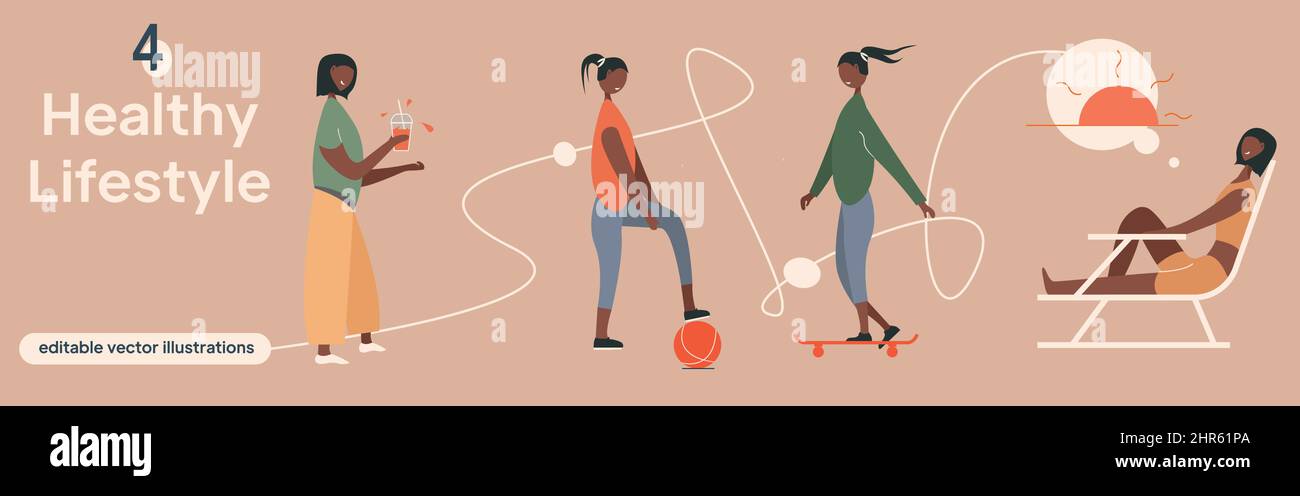 set of black woman healthy lifestyle and sports Stock Vector Image ...
