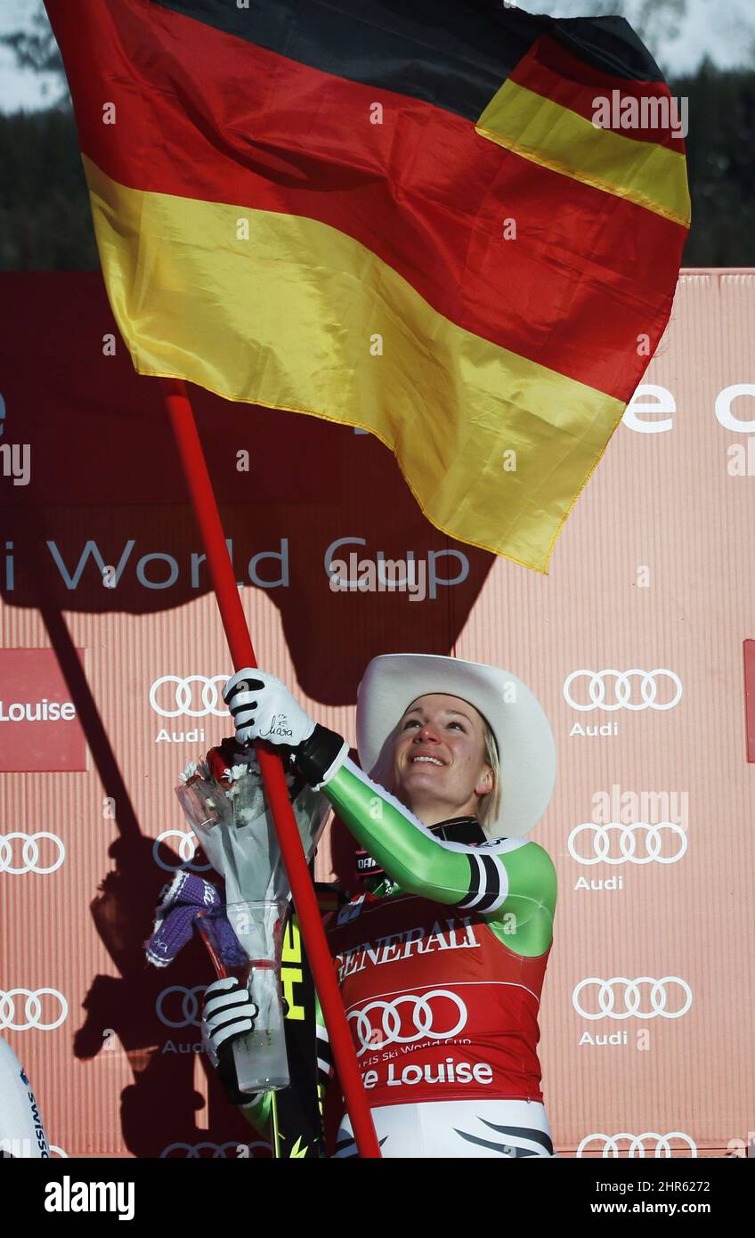 Germanys Maria Hoefl-Riesch Celebrates Her Victory At The Womens